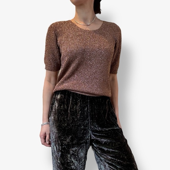 Suzelle Vintage Metallic Bronze Knit Short Sleeve Top - Picture 2 of 9